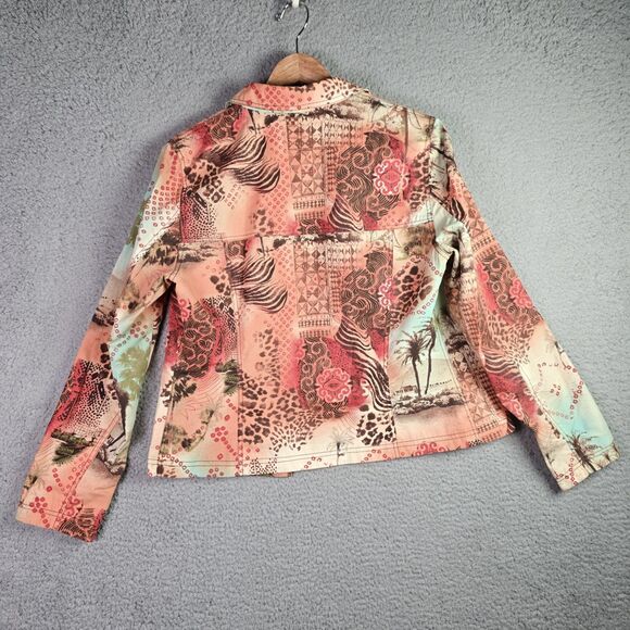 Maggy London Coral Patchwork Cotton Tropical Zip Front Vintage Y2K Jacket 12 - Picture 2 of 10